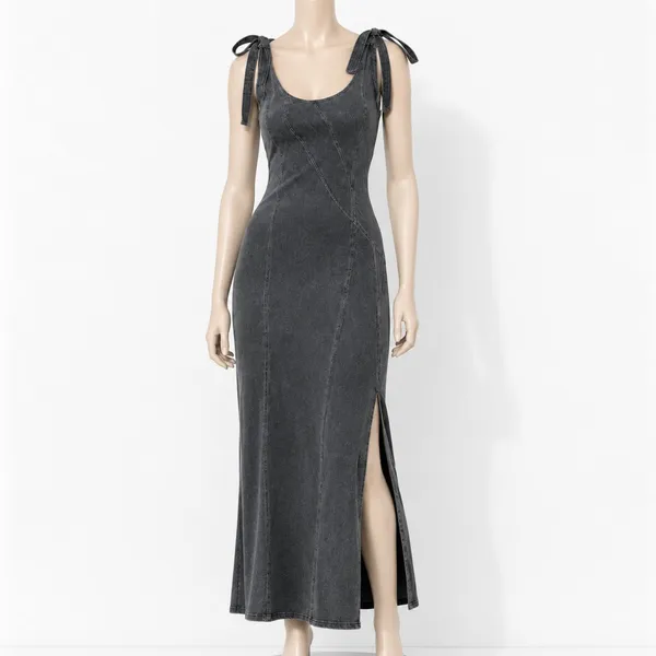 Baevely NEW Faded Black Denim Trapeze Maxi Dress Whimsygoth Grunge Size M Y2K - Image 2