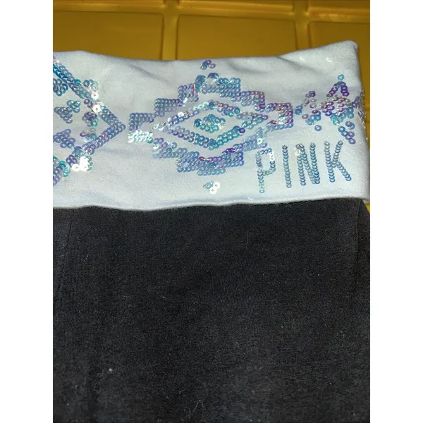 PINK Victorias Secret Yoga Pants Black Flare Sequin Foldover Waist Small Regular - Image 2