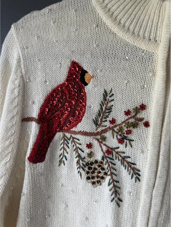 Heirloom Collectibles Christmas Collection XL Cream Knit Cardigan with Cardinal/ - Image 4