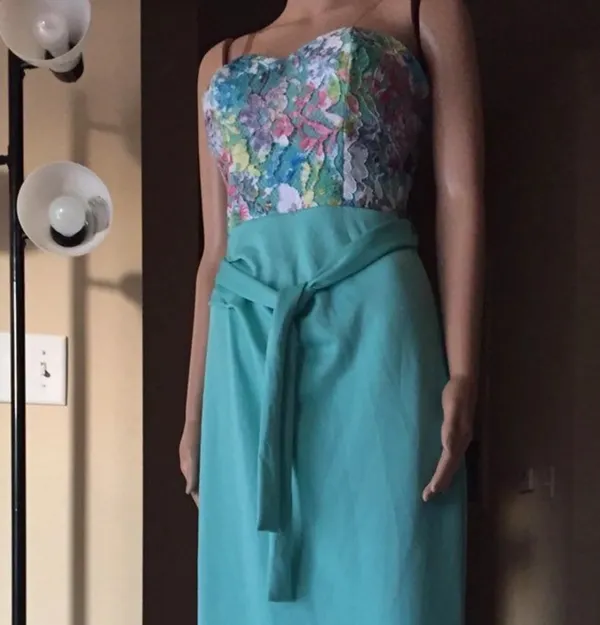 Strapless Aqua Maxi Dress with Floral Bodice - Image 5