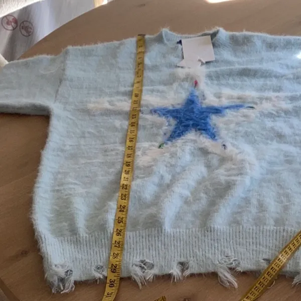 Aelfric Eden Light Blue Sweater star design Distressed hem/sleeves, Small, NWT - Image 9