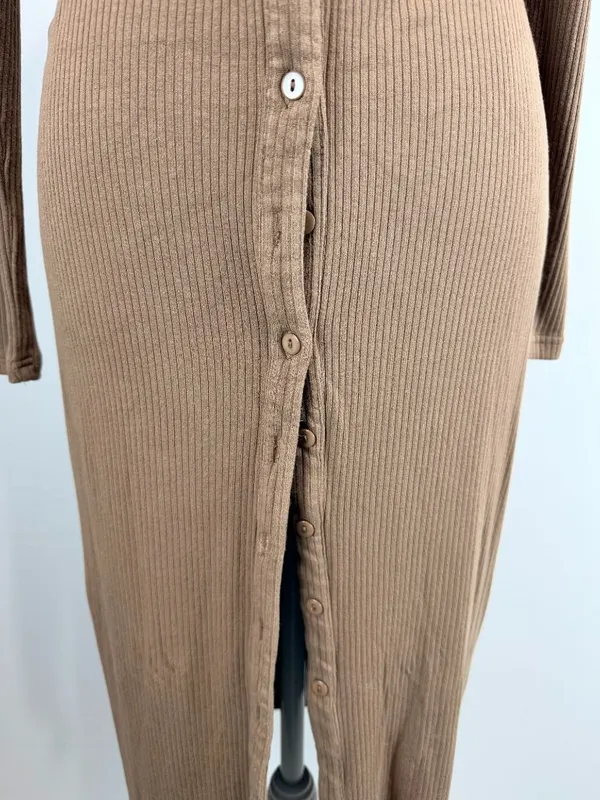 Lucca Brown Ribbed Long Sleeve Button-Down Midi Dress With Collared Neckline S - Image 7