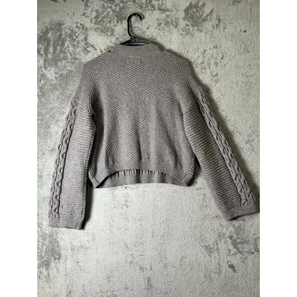 Anthropologie Cable Knit Mock Neck Balloon Sleeve Cropped Sweater Gray Size S - Image 3