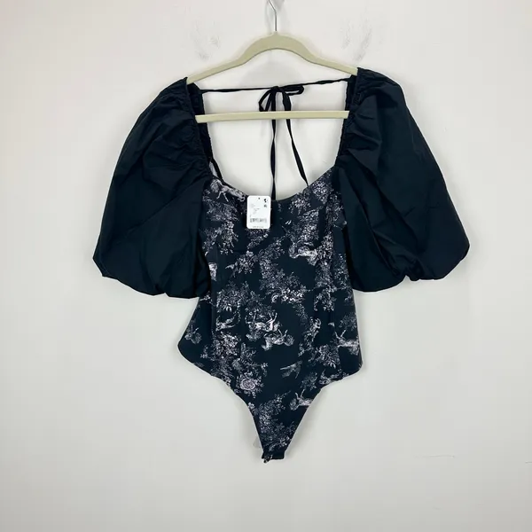 Free People Prarie Rose Puff Sleeve Bodysuit Black Coquette Romantic Large NWT - Image 6