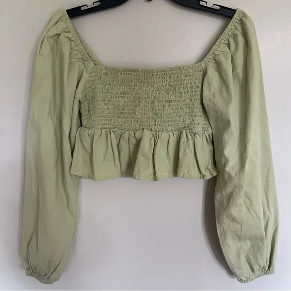 LA Hearts Green Cotton Smocked Ruffle Long Sleeve Babydoll‎ Crop Top Small - Image 3
