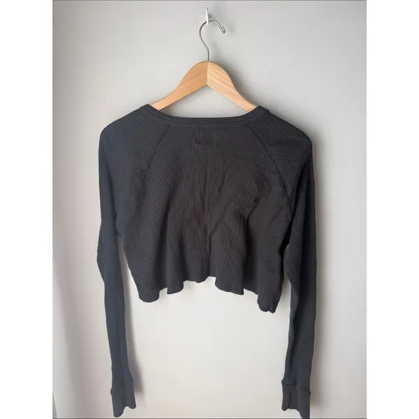 BDG Black Waffle Knit Raw Hem Cropped Long Sleeve Lounge V Neck Top Large - Image 2