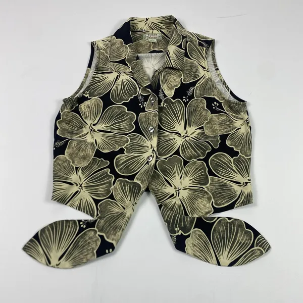Tommy Bahama Vest Womens Medium Black‎ Beige Silk Hawaiian Floral Tie Front - Image 4