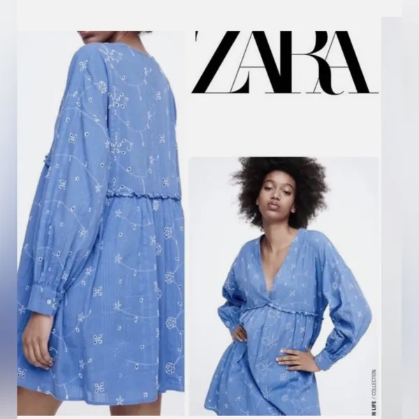 Zara Embroidered Blue Floral Oversized‎ Mini Dress - Size Medium - Image 2