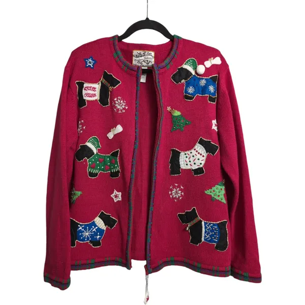 VTG Heirloom Collectibles Red Christmas Dog Applique Cardigan Sweater Size M - Image 3