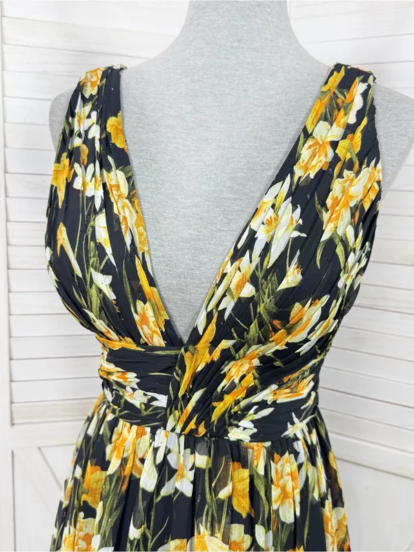 Aidan Mattox Floral Pleat V Neck Front Slit Formal Maxi Dress Black Yellow 8 - Image 6