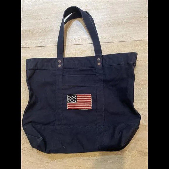 Polo Ralph‎ Lauren Tote Bag Blue Canvas Denim Pony & Flag Embroidery 20x15x6” - Image 4