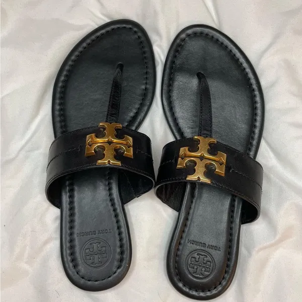 Tory Burch‎ Black Leather Miller Sandals Gold Logo Women’s Size 6.5 - Image 2