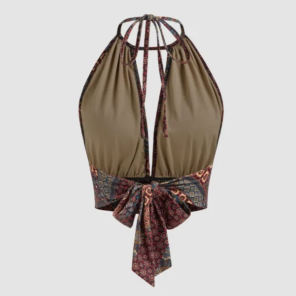 Cider X-small Woven Halter Aztec Knotted Back Crop Top - Image 4