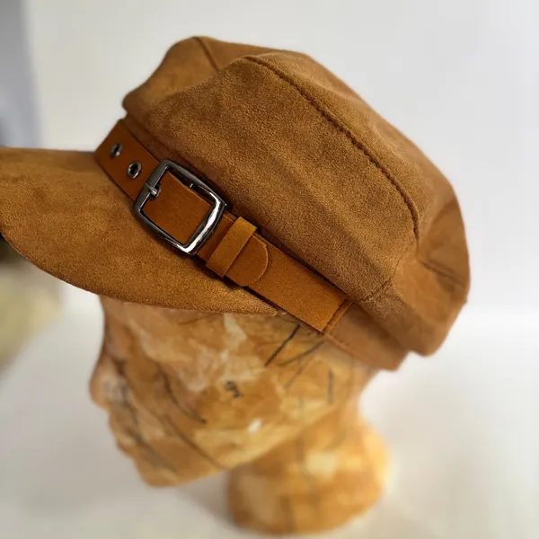 Brown faux suede women's newsboy cap with a buckle trim detail - Image 2