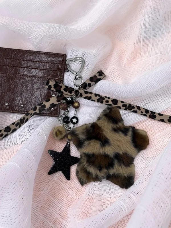 Cute Espresso Brown Card Holder Wallet w/ Keychain Leopard Plush Star Charm - Image 3