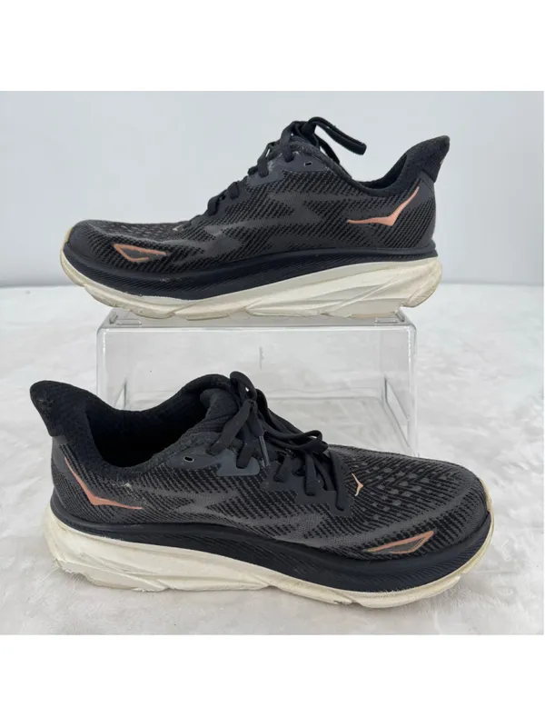 Hoka Women’s Clifton 9 Athletic Shoes Sneakers Black Rose Gold Size 8.5B READ - Image 2