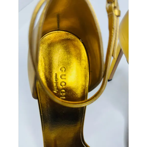 Gucci Cara Gold Metallic Leather Strappy High Heel Sandals EU 38 - Image 5