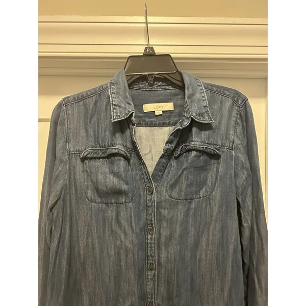 LOFT Denim Shirt Dress Blue Chambray Long Sleeve Roll Tab Sleeves Modest Small - Image 5
