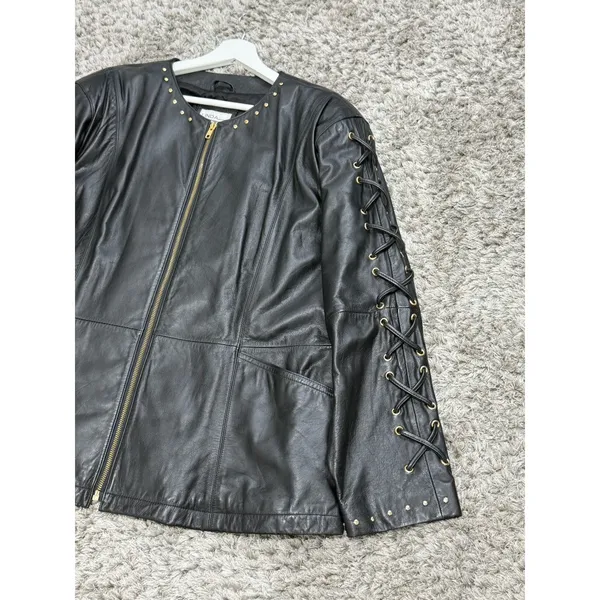 Vintage Women’s Black Leather Jacket Lace Up Studded Biker Y2K Punk Goth Size S - Image 7