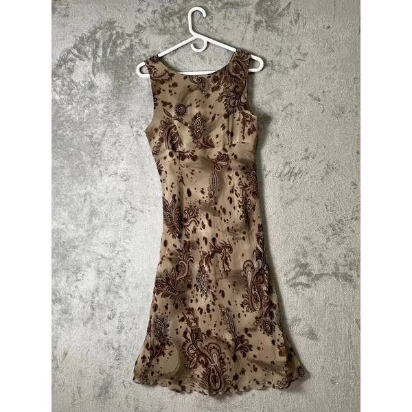 Vintage Y2K Boho Paisley Silk Midi Dress V Neck Earth Tone Flowy Cottagecore SM - Image 3