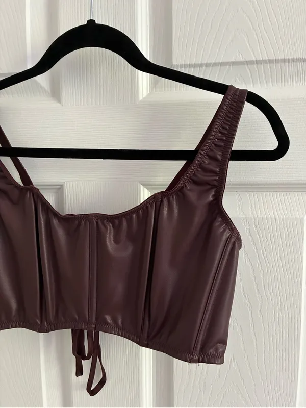 Victoria's Secret Faux Leather Mini Corset Top Lace Up, NWT, L, Burgundy Brown - Image 7
