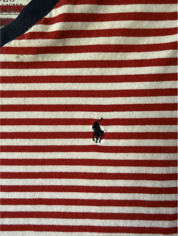 Polo Ralph Lauren Red & White Striped V-Neck T-Shirt, Navy Trim, Size M - Image 4