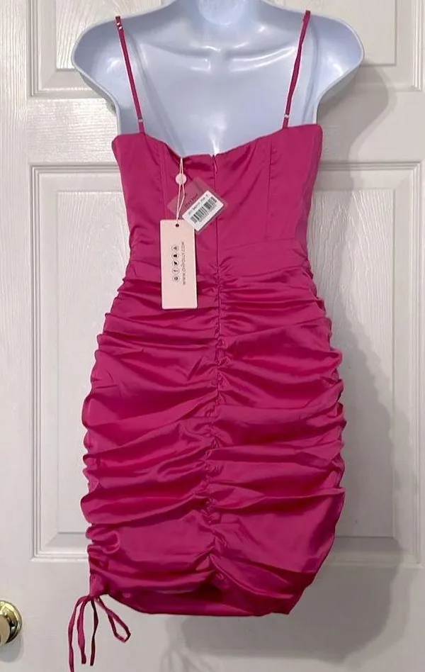 Oh Polly Timeless Romance Ruched Asymmetric Satin Mini Dress in Pink Size 4 - Image 5