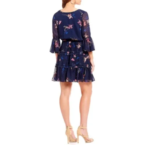Eliza J Navy Floral Clip Dot Tiered Ruffle Fit &‎ Flare Dress Bell Sleeve Size 2 - Image 2