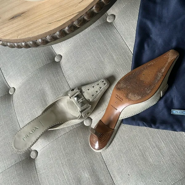Prada Creme Suede Pointed Toe Kitten Heels Size 37.5 - Image 9