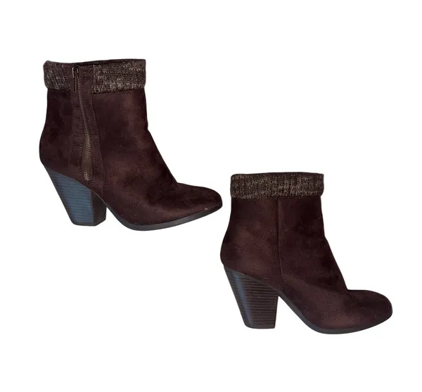 Shoedazzle Dark Brown Faux Suede Ankle Booties with Knit Cuff - Image 2