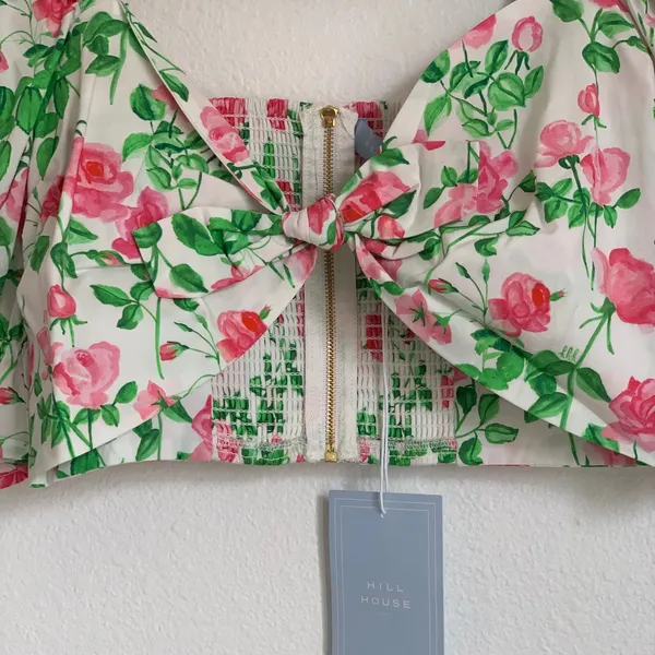 NWT Hill House Home Puff Sleeve Floral Bow Crop‎ Top in White/Pink - Image 5