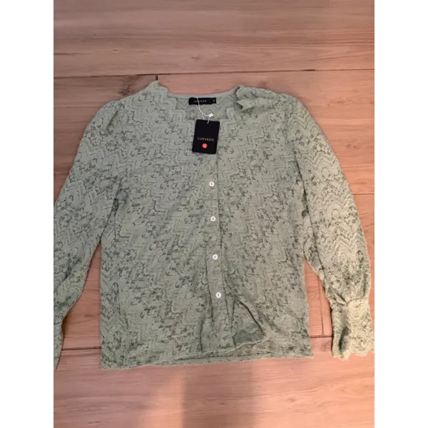 NEW Light Green Lace Tops Blouse Puff Long Sleeve V Neck Button Down M - Image 5