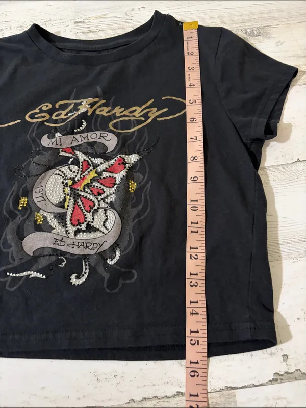 Ed Hardy Black Crop Baby Doll Tee with Red Butterfly & Gold Script - Image 9