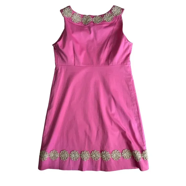 Lilly Pulitzer 2 Gold Applique Hotty Pink Keyhole Dress Shift ALine Flowers - Image 2