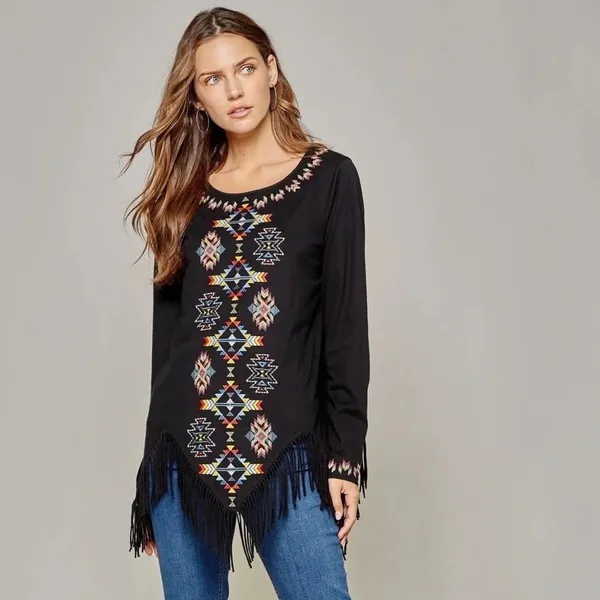 Savanna Jane Womens‎ Small Black Southwestern Embroidered Fringe Hem Top Blouse - Image 2
