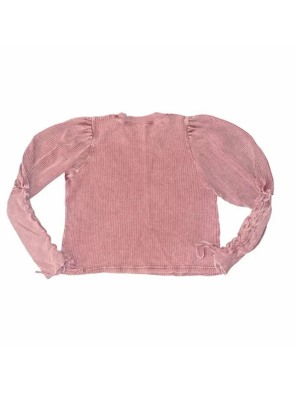 Free People Tasha Thermal Top Pink Waffle Knit Puff Sleeve Size XS FP One Boho - Image 2
