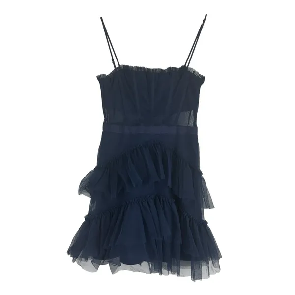 Next Up Corset Tiered Ruffle Mesh Mini Dress Navy Blue Party Cocktail Size 7/8 - Image 2