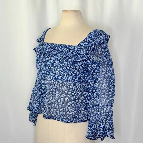 Anthropologie MAEVE Square Neck Sheer Babydoll Top Blue White Floral Large‎ - Image 7