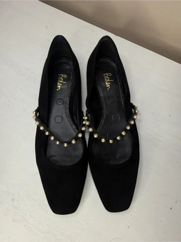 Boden Black Mary Jane Ballet Flats Pearl Strap Suede Size 37 Academia Office - Image 12