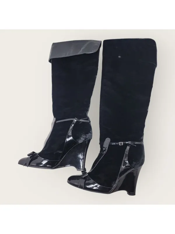 Laurence Dacade Velvet Patent Leather Bow Knee High Wedge Heels Boot Size 38 - Image 14