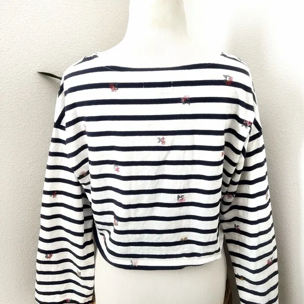Madewell Shirt Striped Embroidered Floral Cropped Bell Sleeve Tee Stripe Coastal - Image 4