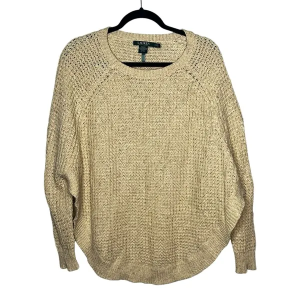 Lauren Ralph Lauren Womens Knit Sweater Medium Tan Oversized Fisherman Coastal - Image 2