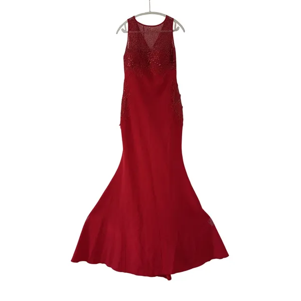 Red Sleeveless Sequin Evening Gown with Lace Detail - Image 3