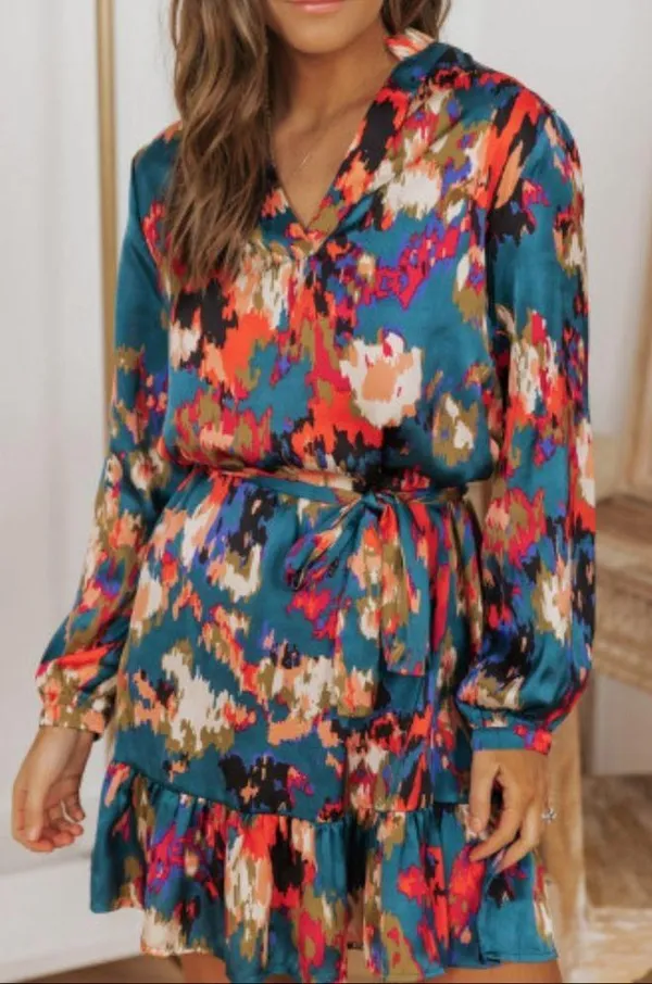 NEW Deep Turquoise Abstract Multicolor Print Belted Ruffle Satin Mini Dress - Image 8