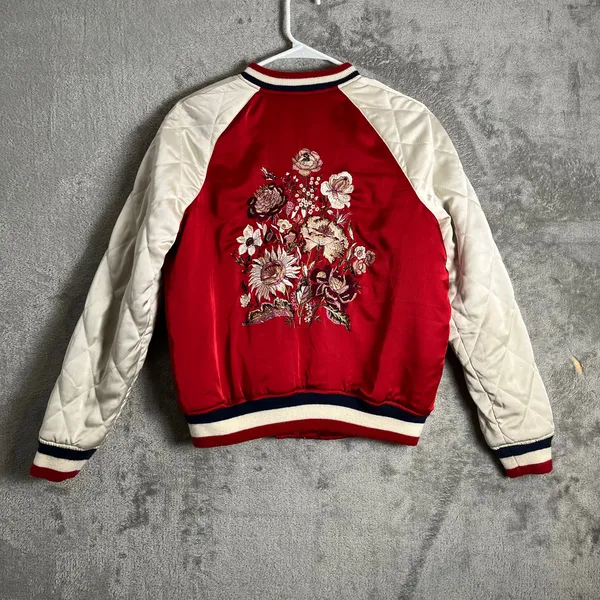 Vintage American Eagle Red Embroidered Bomber Jacket Floral Quilted Streetwear M - Image 2
