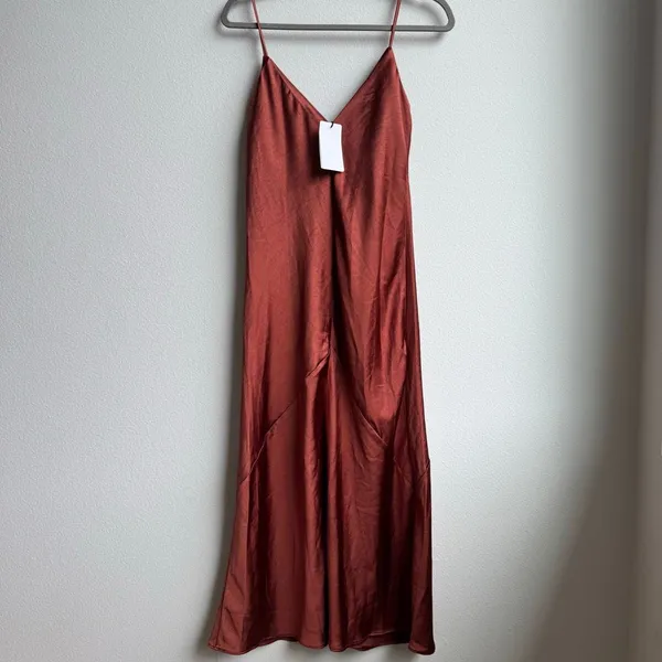 NWT Line & Dot Satin Slip Dress Burnt Orange Brown Romantic Beach Size Medium - Image 2