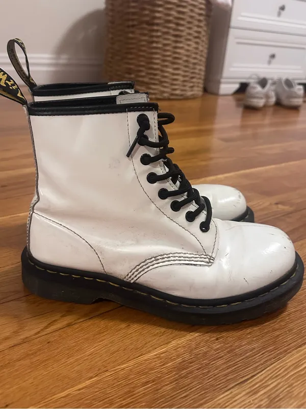 Dr. Martens White 1460 Leather Boot with Yellow Stitching - Image 2
