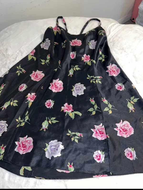 Floral Satin Slip Chemise in Black with Pink & Lavender Roses - Image 2