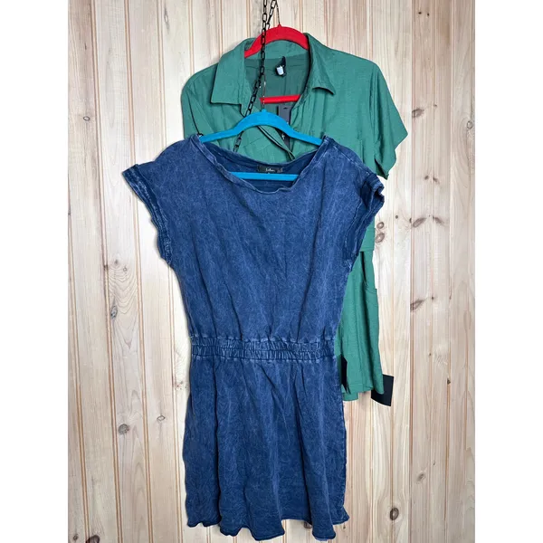 NWT Lulus Short Sleeve Mini Dress & Romper Green Linen Dark Blue Bundle Size M - Image 3