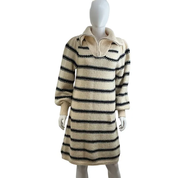 Pieces Womens Striped Quarter‎ Zip Sweater Dress Cream Black S Balloon Sleeve - Image 2